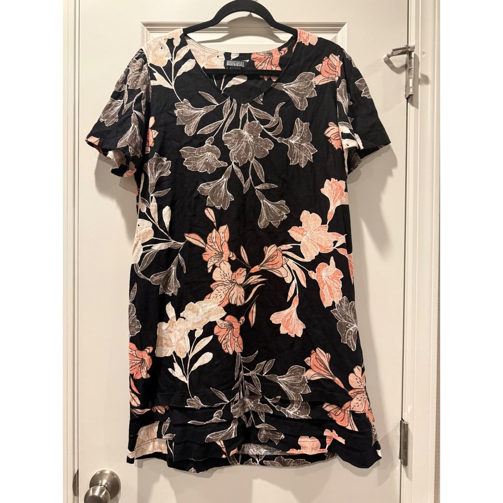 Nicole‎ Miller Original Linen Blend Floral Lily Shift Dress Black Peach Large